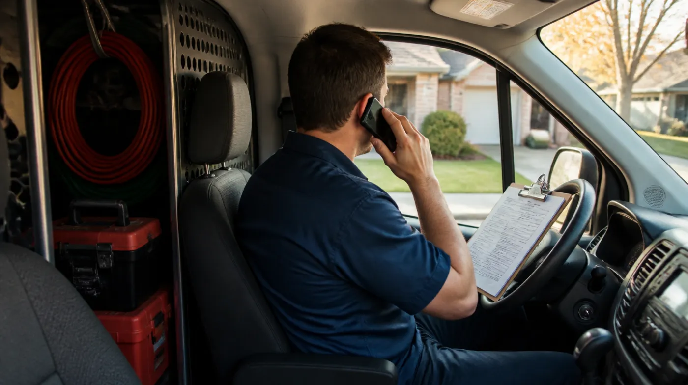 A service technician sitting in the cab of a work van in a driveway, phone to his ear and a job sheet on the steering wheel, making a follow-up call between jobs