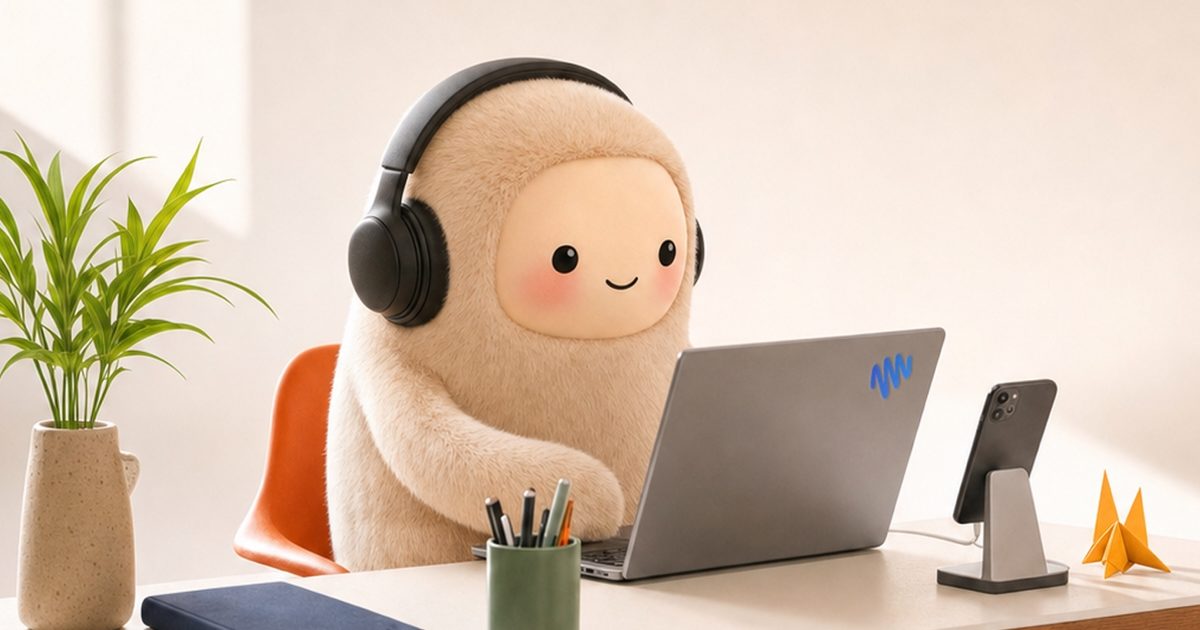 The Meta Muse character sitting at a desk in headphones, working at a laptop