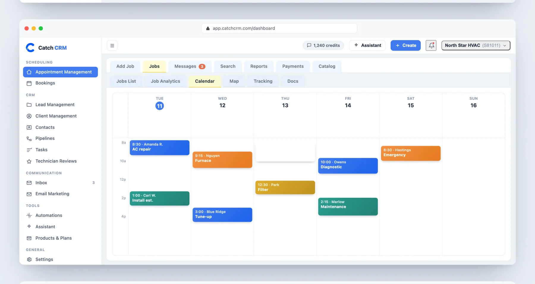 The Catch CRM week calendar with booked jobs color-coded by type across seven days