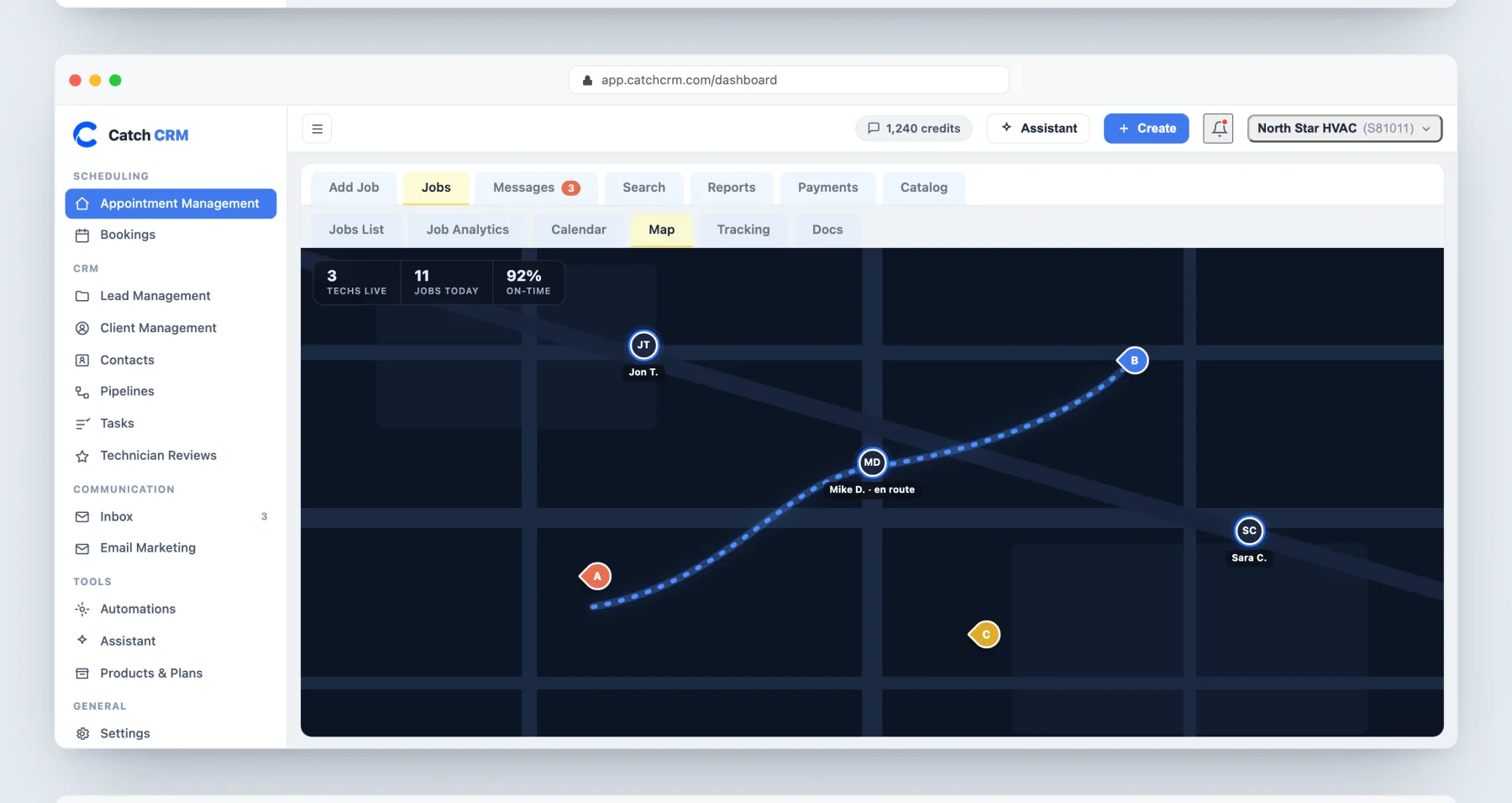 The Catch CRM dispatch map with live technician locations, a route in progress, and counters for techs live, jobs today, and on-time rate