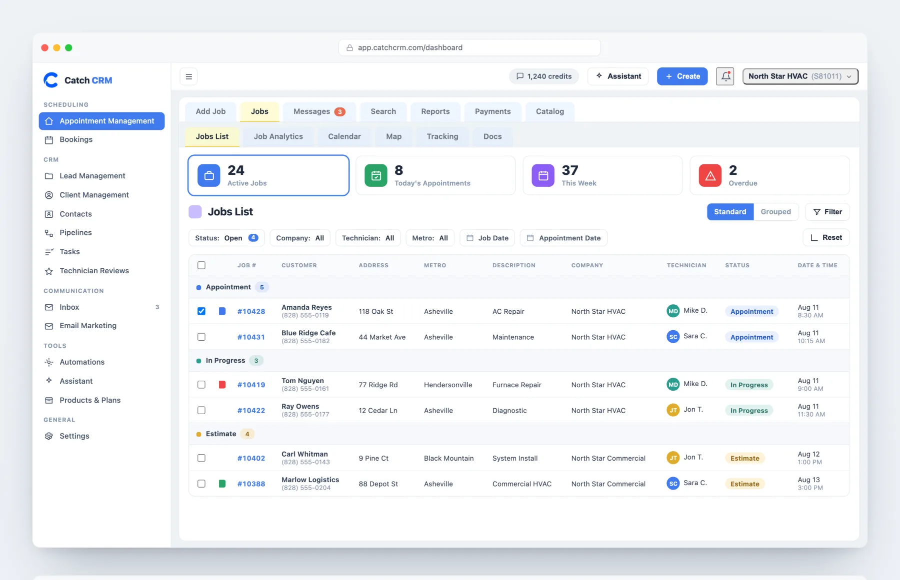 The Catch CRM jobs list grouped by stage, showing appointments, jobs in progress, and open estimates with the assigned technician