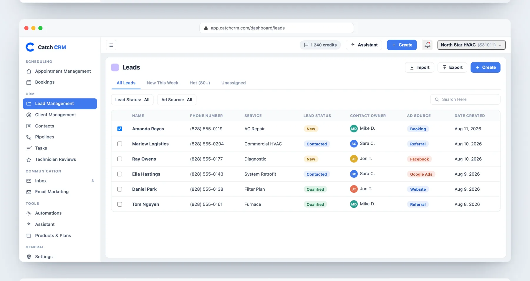 The Catch CRM lead list showing each lead’s status, owner, ad source, and the date it came in